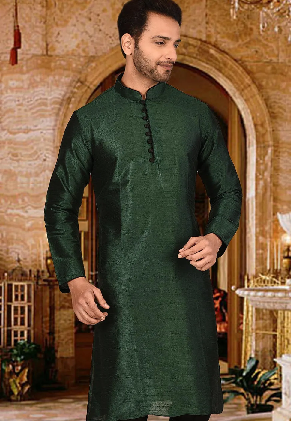 Plain Dupion Silk Kurta in Dark Green