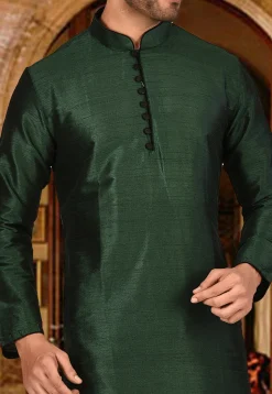 Plain Dupion Silk Kurta in Dark Green