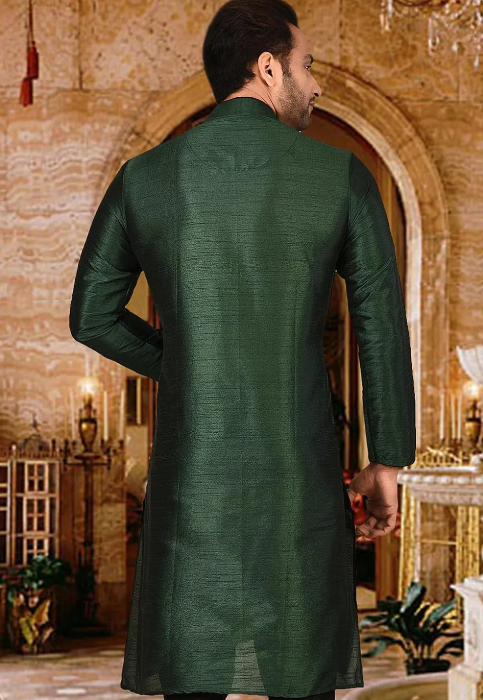Plain Dupion Silk Kurta in Dark Green