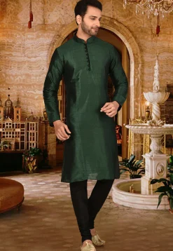 Plain Dupion Silk Kurta in Dark Green