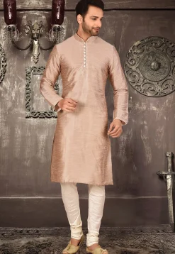 Plain Dupion Silk Kurta Set in Dusty peach
