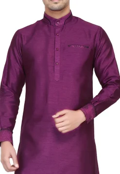 Plain Dupion Silk Kurta Set in Purple