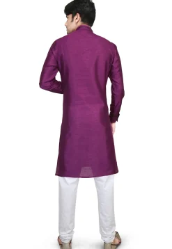 Plain Dupion Silk Kurta Set in Purple