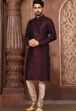 Plain Dupion Silk Kurta Set in Wine