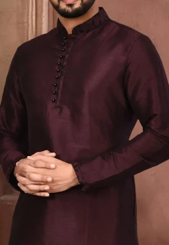 Plain Dupion Silk Kurta Set in Wine