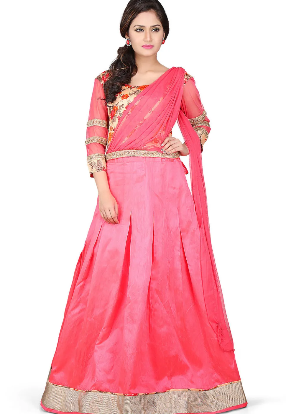 Plain Dupion Silk Lehenga in Pink