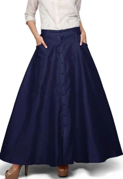Plain Dupion Silk Long Skirt in Navy Blue