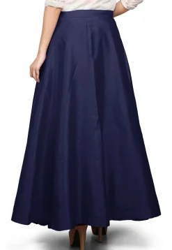 Plain Dupion Silk Long Skirt in Navy Blue