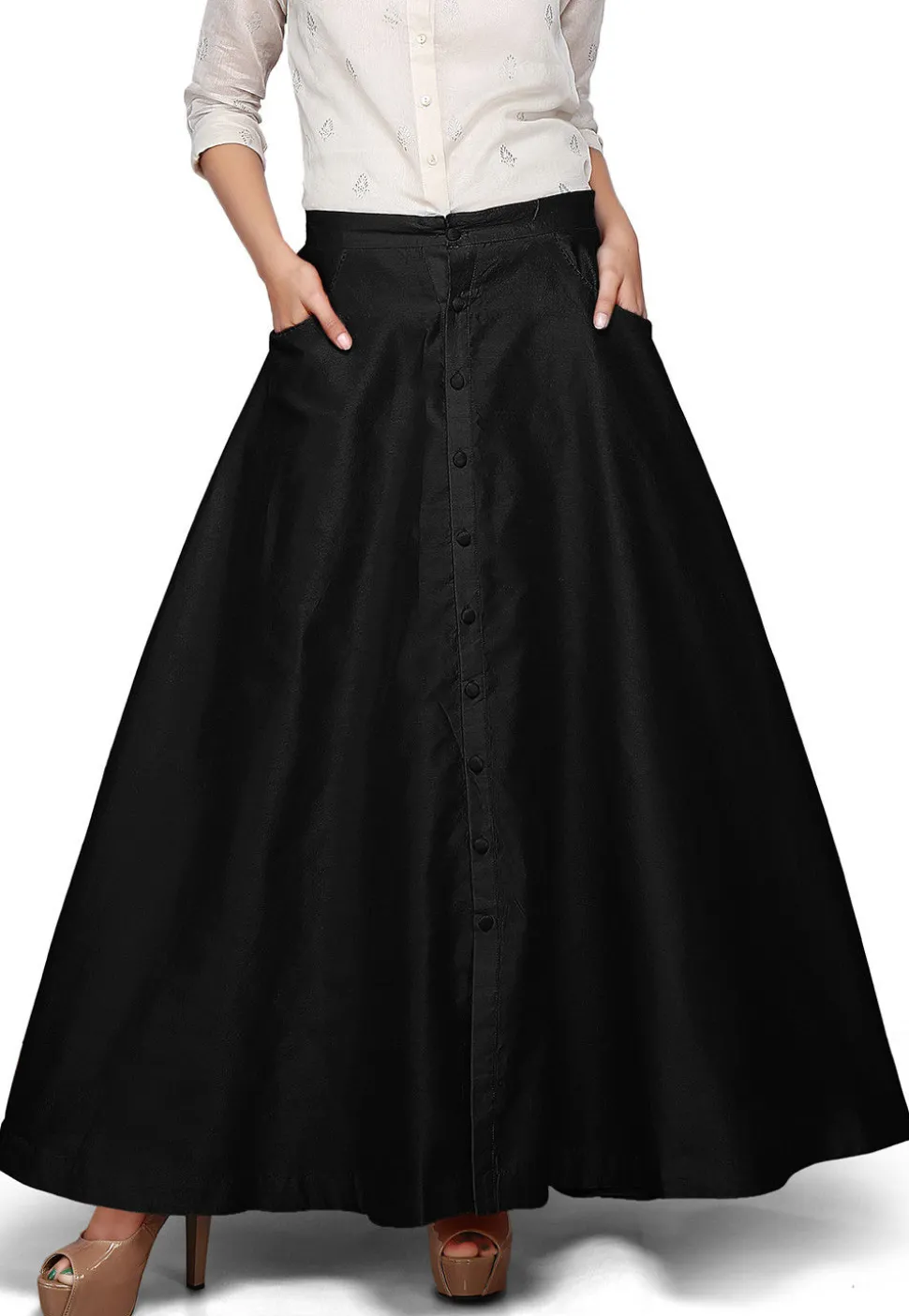 Plain Dupion Silk Long Skirt in Black
