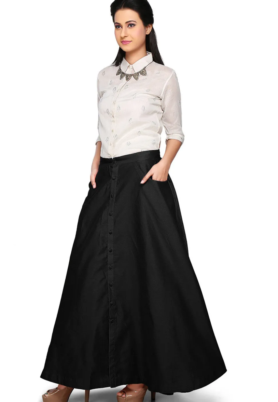 Plain Dupion Silk Long Skirt in Black