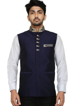 Plain Dupion Silk Nehru Jacket in Navy Blue