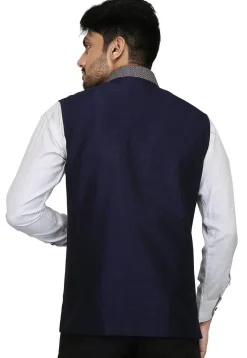 Plain Dupion Silk Nehru Jacket in Navy Blue
