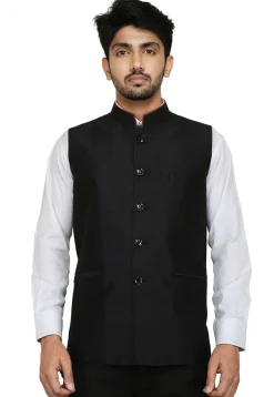 Plain Dupion Silk Nehru Jacket in Black