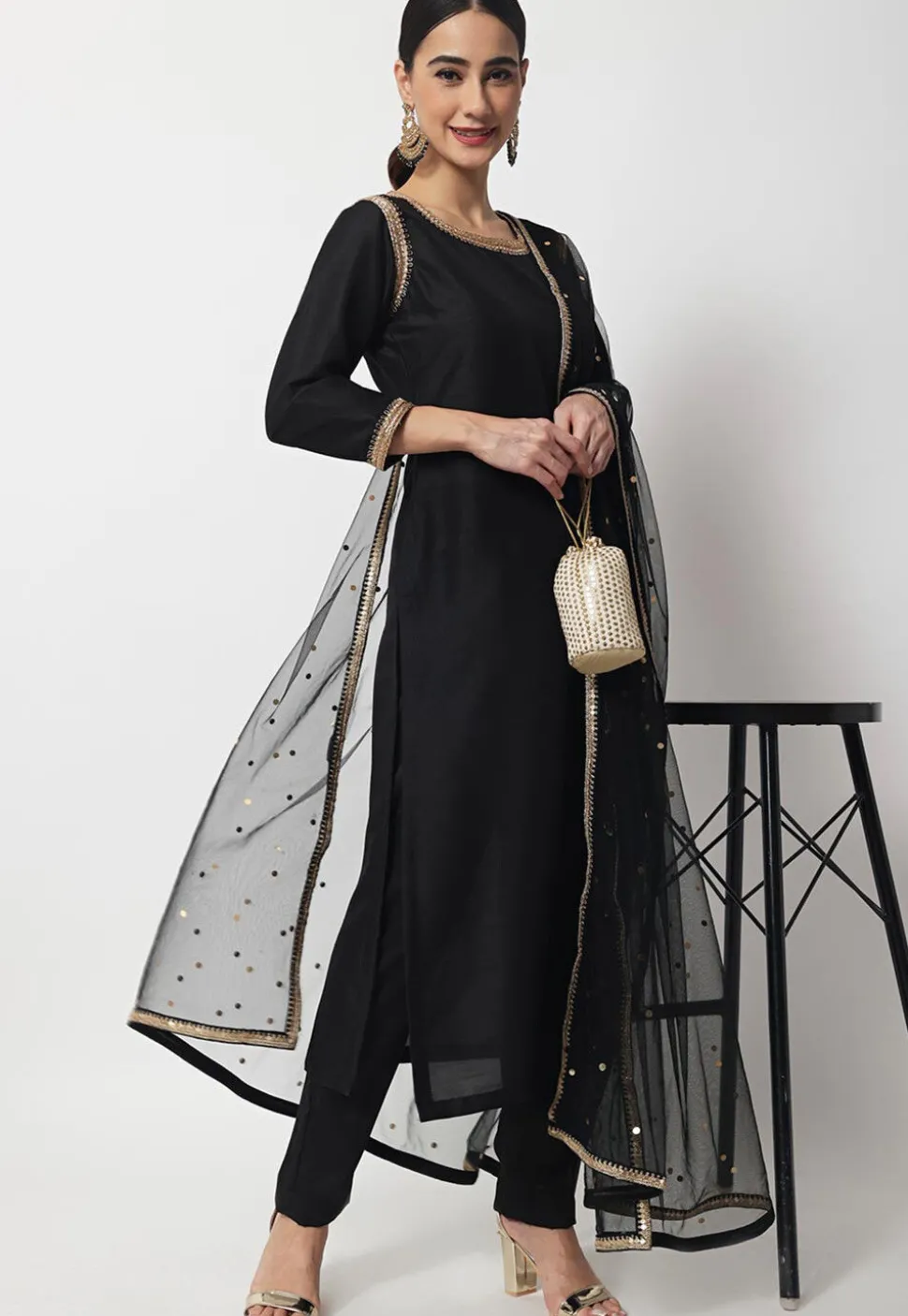 Plain Dupion Silk Pakistani Suit in Black
