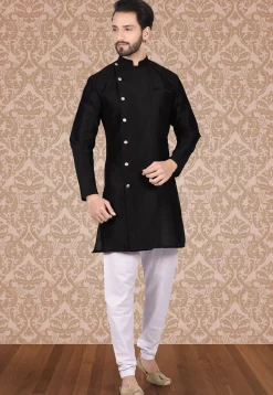 Plain Dupion Silk Sherwani in Black
