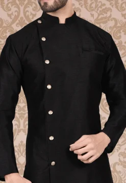 Plain Dupion Silk Sherwani in Black
