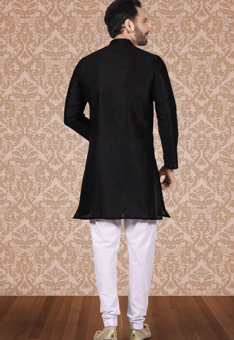 Plain Dupion Silk Sherwani in Black