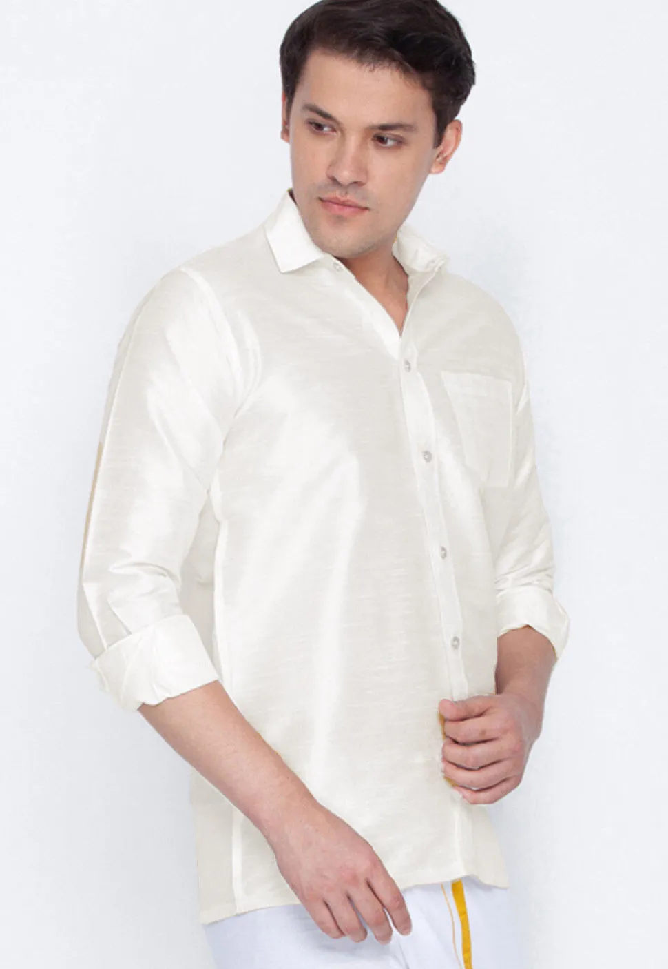 Plain Dupion Silk Shirt in White