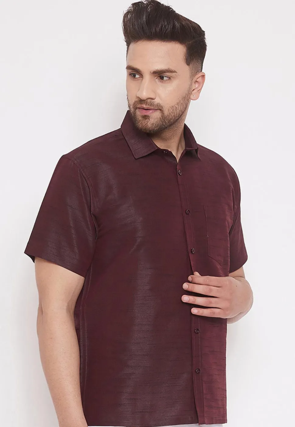Plain Dupion Silk Shirt in Wine