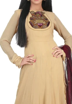 Plain Georgette Abaya Style Suit in Beige