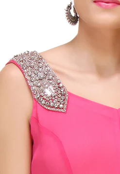 Plain Georgette Asymmetric Dress in Fuchsia