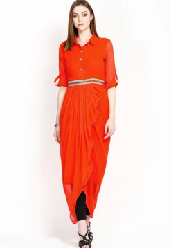 Plain Georgette Dhoti Style Tunic in Orange
