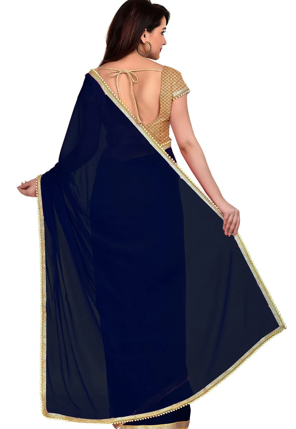 Plain Georgette Saree in Navy Blue