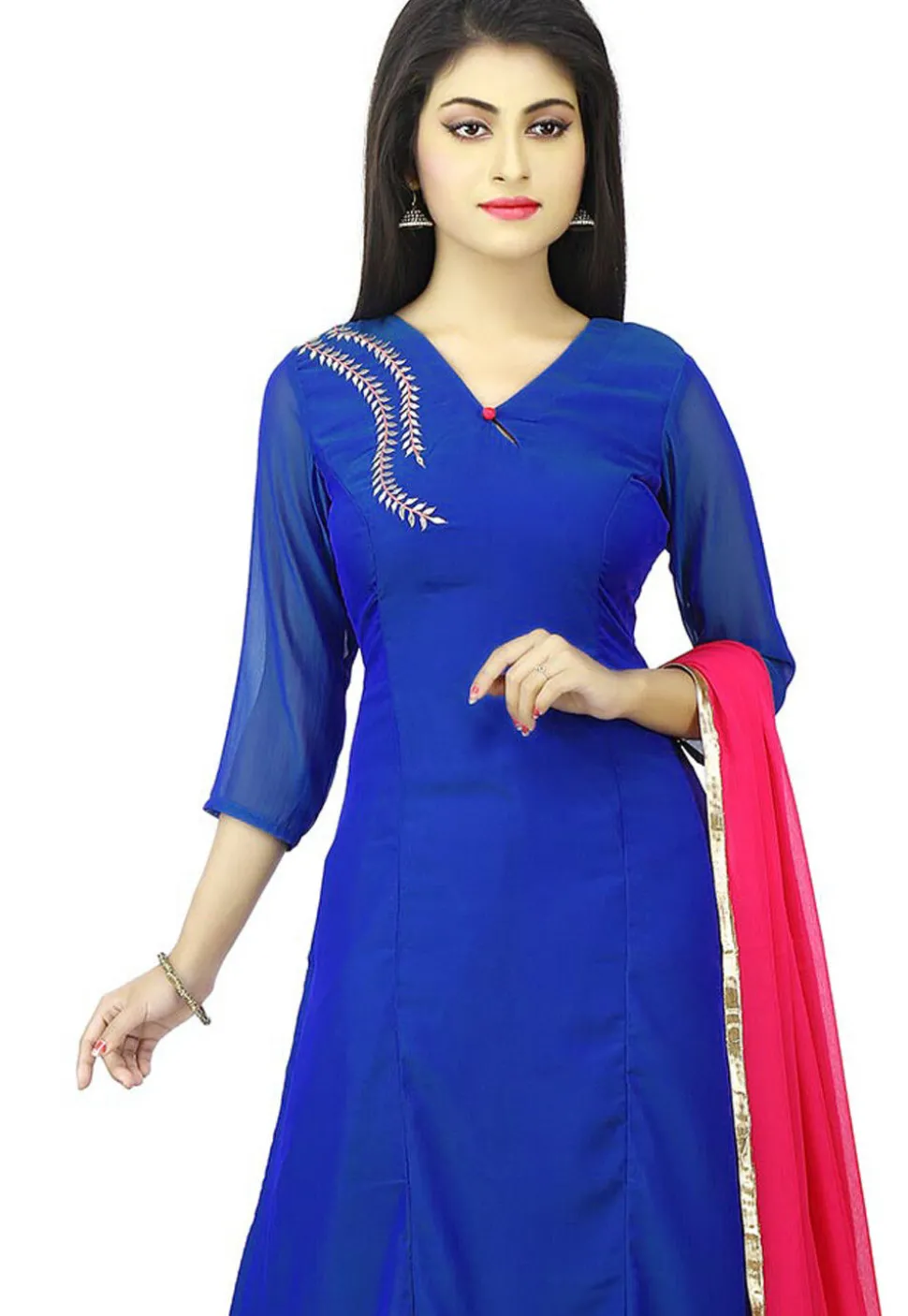 Plain Georgette Straight Suit in Blue