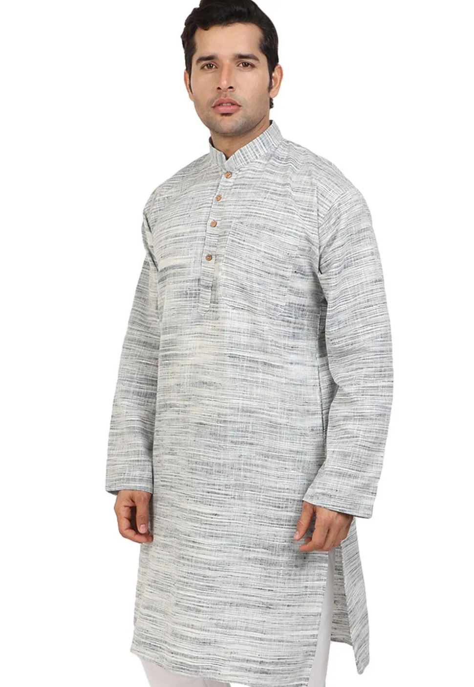 Plain Handloom South Cotton Slub Kurta in Grey and Off White