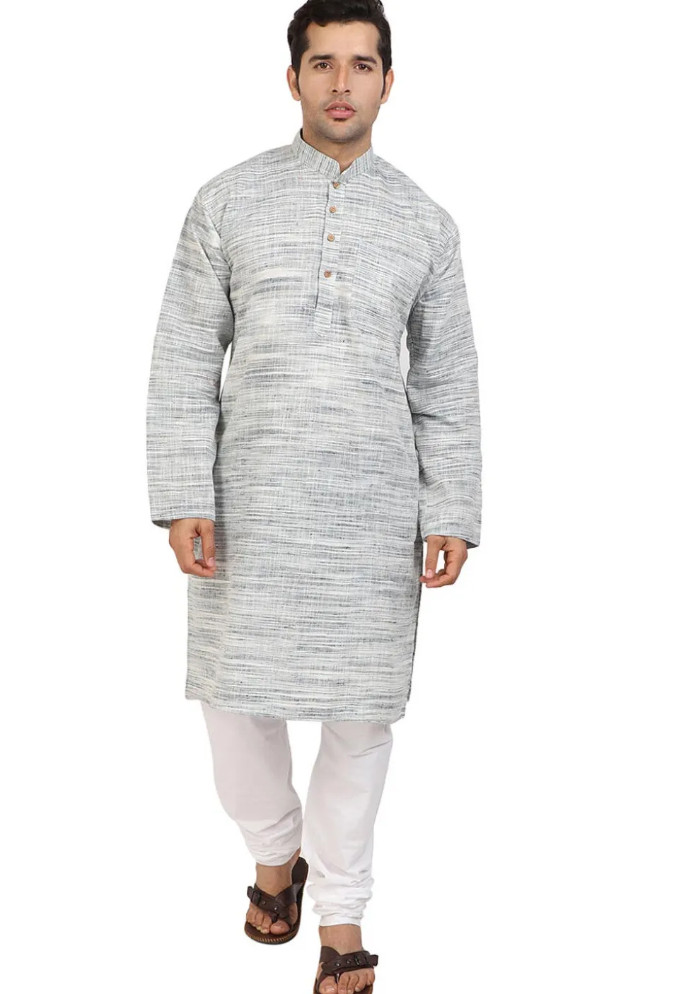 Plain Handloom South Cotton Slub Kurta in Grey and Off White