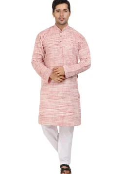 Plain Handloom South Cotton Slub Kurta in Pink and Off White