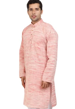 Plain Handloom South Cotton Slub Kurta in Red and Off White