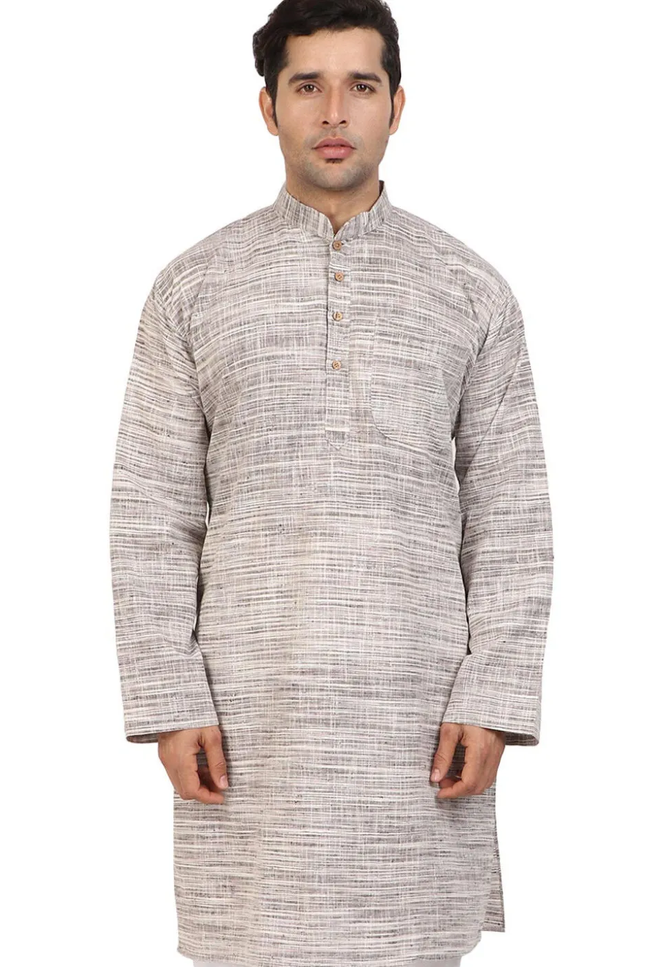 Plain Handloom South Cotton Slub Kurta in Fawn and Off White