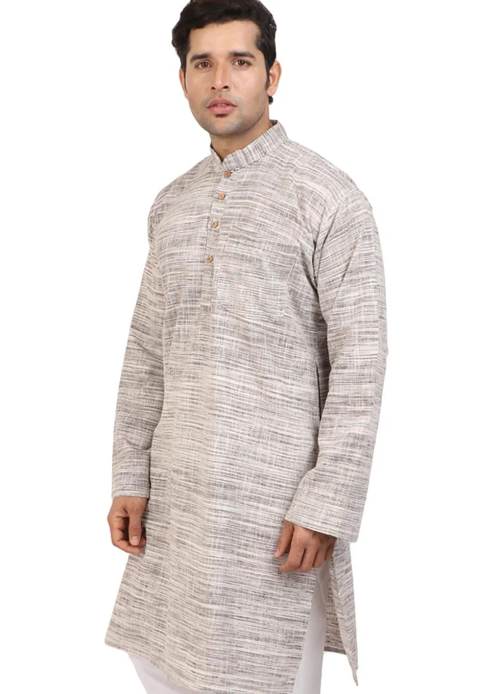 Plain Handloom South Cotton Slub Kurta in Fawn and Off White