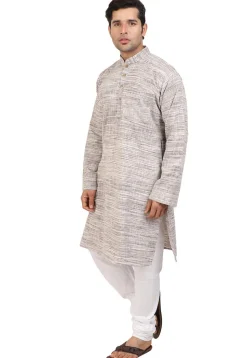 Plain Handloom South Cotton Slub Kurta in Fawn and Off White