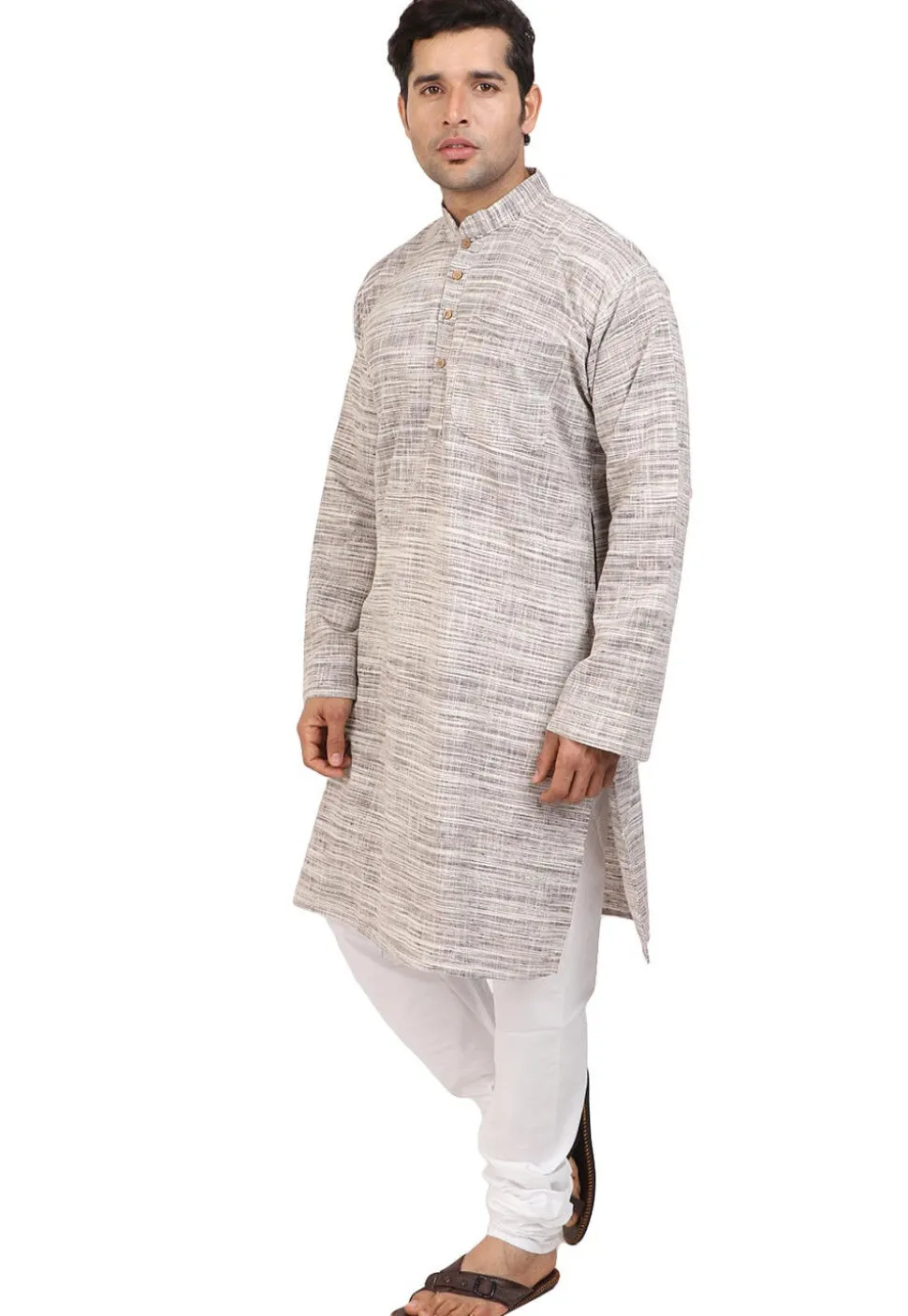 Plain Handloom South Cotton Slub Kurta in Fawn and Off White