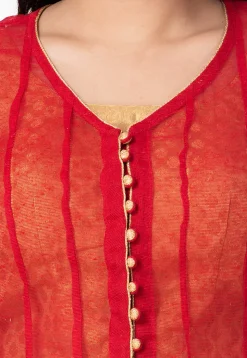 Plain Jute Net Anarkali Suit in Red