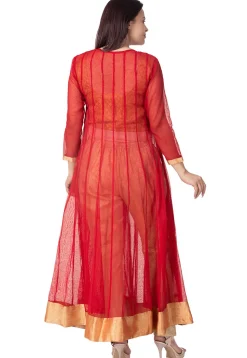 Plain Jute Net Anarkali Suit in Red