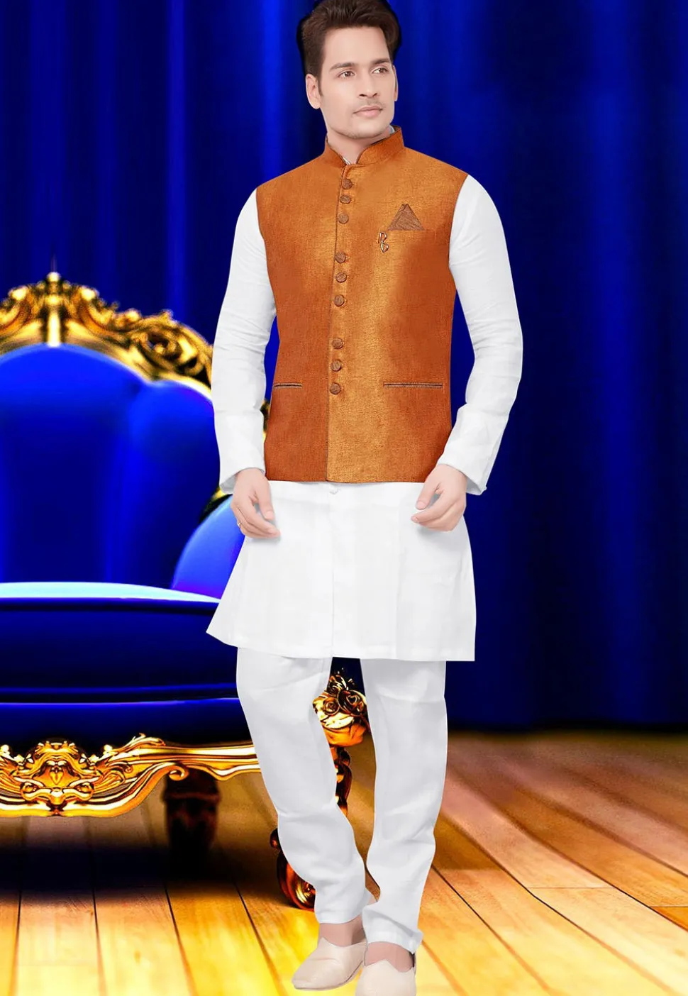Plain Jute Silk Nehru Jacket in Orange