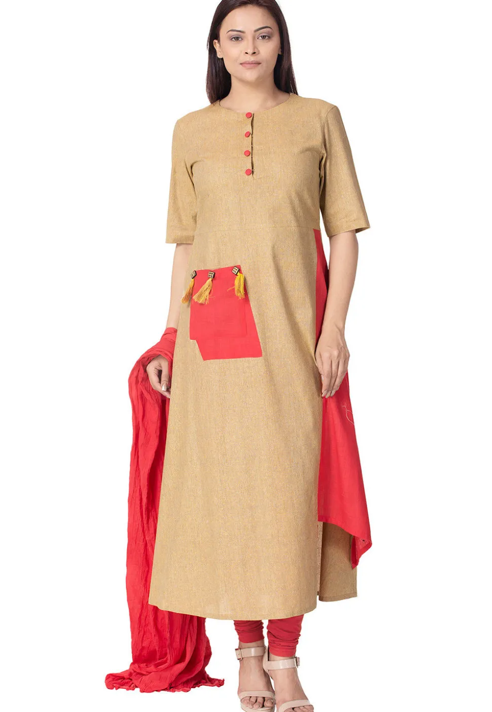 Plain Linen Cotton A Line Suit in Light Beige