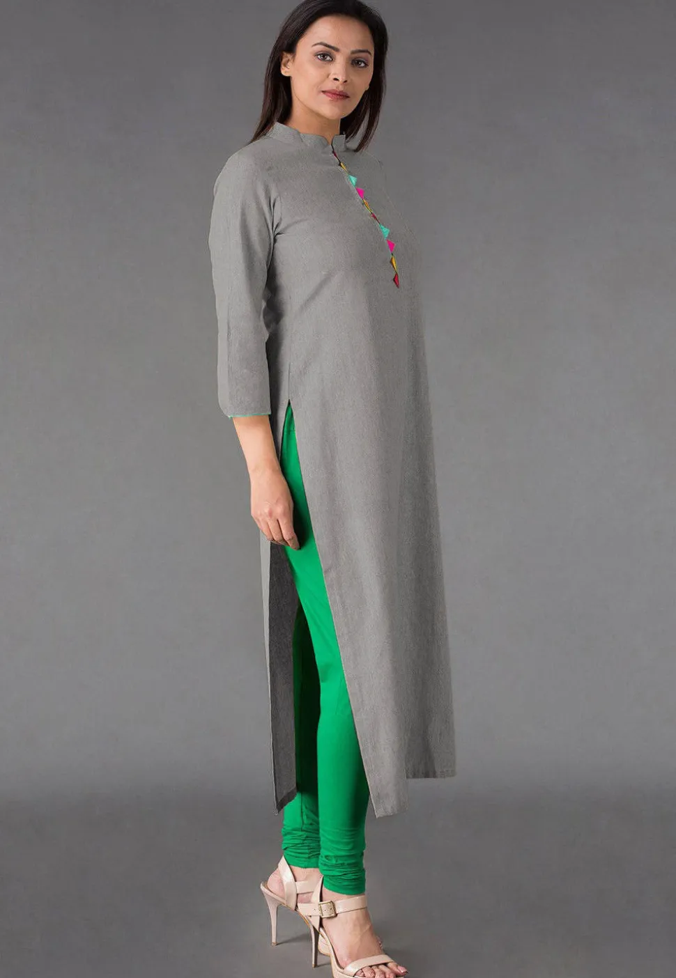 Plain Linen Cotton Straight Kurta in Grey