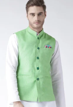 Plain Linen Nehru Jacket in Light Green