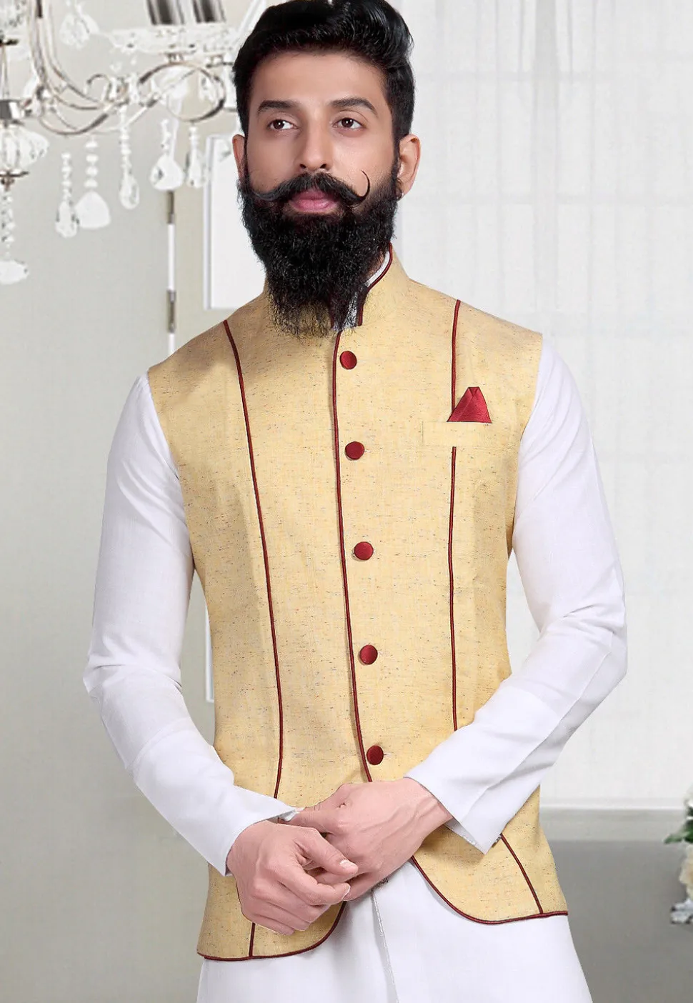 Plain Linen Silk Nehru Jacket in Light Yellow