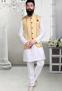 Plain Linen Silk Nehru Jacket in Light Yellow