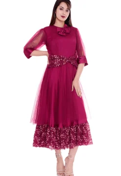 Plain Net A Line Dress in Magenta
