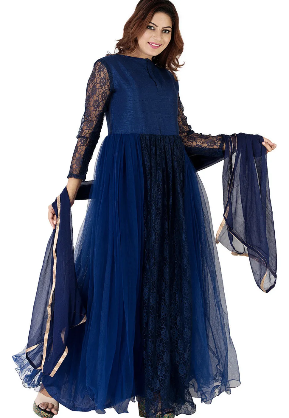 Plain Net Abaya Style Suit in Navy Blue