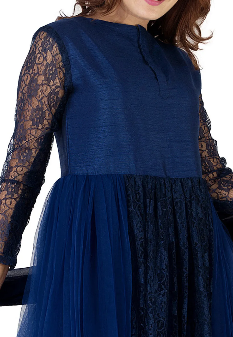 Plain Net Abaya Style Suit in Navy Blue