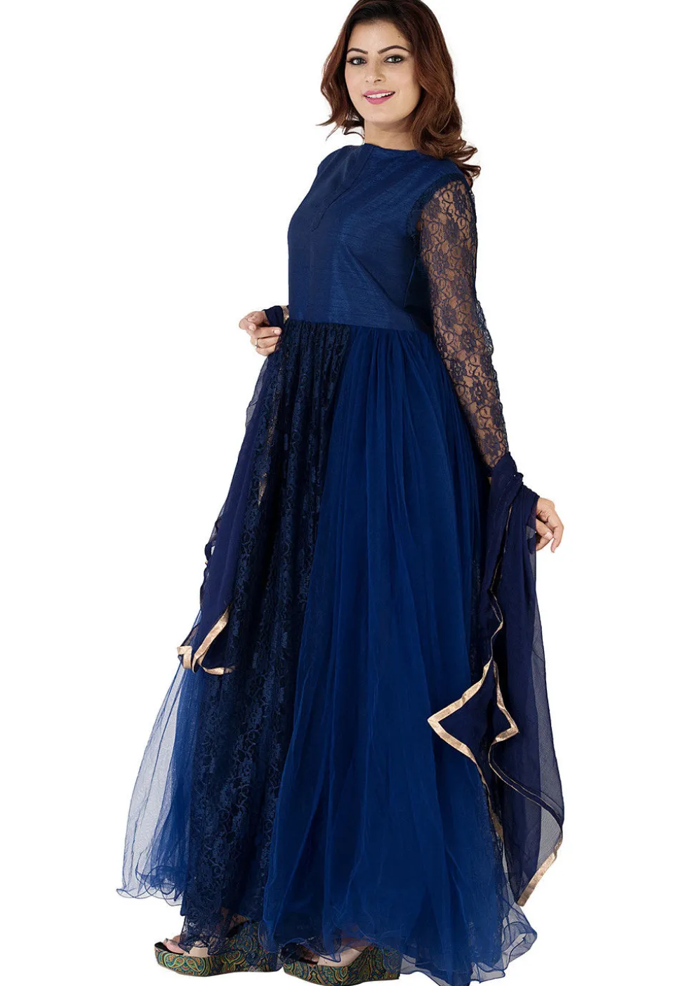 Plain Net Abaya Style Suit in Navy Blue