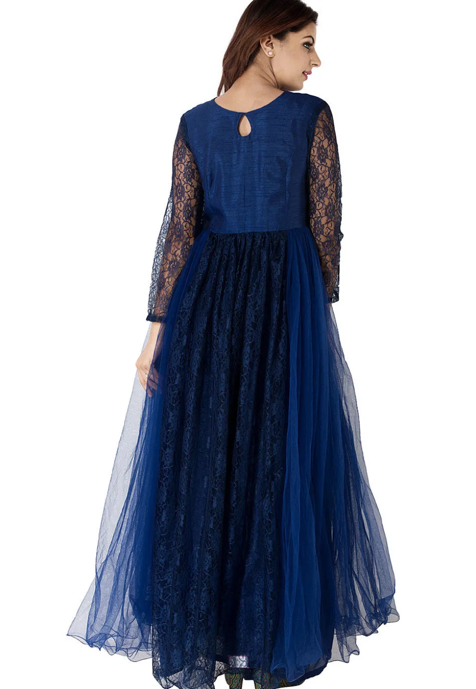 Plain Net Abaya Style Suit in Navy Blue