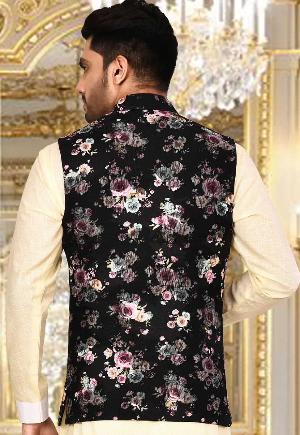 Plain Polyester Lycra Nehru Jacket in Black
